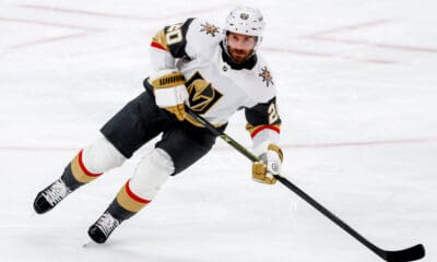 SUNRISE, FL - OCTOBER 25: Vegas Golden Knights left wing Brandon Saad (20) looks on in the first period during the game between the Golden Knights and the Florida Panthers on Saturday, October 25, 2025 at Amerant Bank Arena in Sunrise, FL.(Photo by Chris Arjoon/Icon Sportswire)
