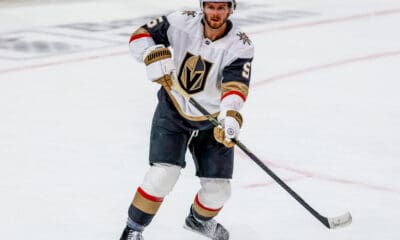 SUNRISE, FL - OCTOBER 25: Vegas Golden Knights defenseman Jeremy Lauzon (5) looks on in the first period during the game between the Golden Knights and the Florida Panthers on Saturday, October 25, 2025 at Amerant Bank Arena in Sunrise, FL.(Photo by Chris Arjoon/Icon Sportswire)