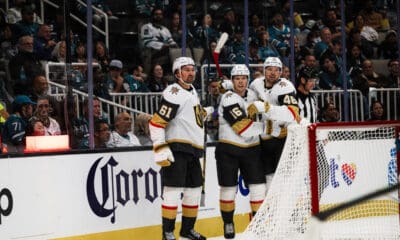 SAN JOSE, CA - OCTOBER 09: Vegas Golden Knights right wing Pavel Dorofeyev (16) celebrates with teammates after scoring the second goal in the second period during a NHL game between the Vegas Golden Knights and the San Jose Sharks on October 09, 2025 at SAP Center in San Jose, CA. (Photo by Trinity Machan/Icon Sportswire)
