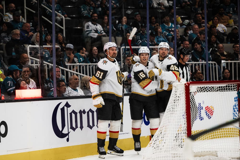 SAN JOSE, CA - OCTOBER 09: Vegas Golden Knights right wing Pavel Dorofeyev (16) celebrates with teammates after scoring the second goal in the second period during a NHL game between the Vegas Golden Knights and the San Jose Sharks on October 09, 2025 at SAP Center in San Jose, CA. (Photo by Trinity Machan/Icon Sportswire)