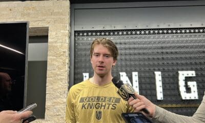 Vegas Golden Knights goaltender Carter Hart speaks with the media 12/1/2025