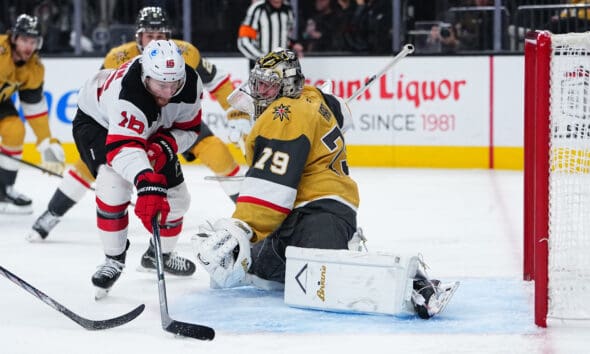 New Jersey Devils forward Connor Brown scores a second-period goal against the Vegas Golden Knights 12/17/2025 (Photo/Screenshot- New Jersey Devils via Twitter)