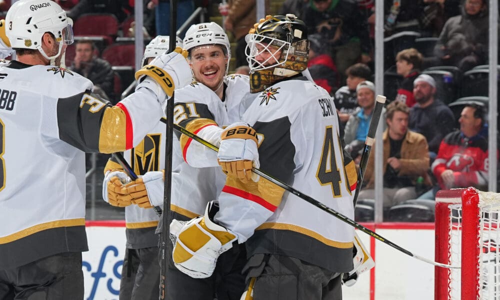 The Vegas Golden Knights celebrate Akira Schmid's shutout against the New Jersey Devils 12/5/2025 (Photo/Screenshot- Vegas Golden Knights via Twitter)