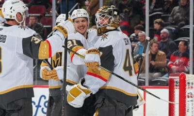 The Vegas Golden Knights celebrate Akira Schmid's shutout against the New Jersey Devils 12/5/2025 (Photo/Screenshot- Vegas Golden Knights via Twitter)
