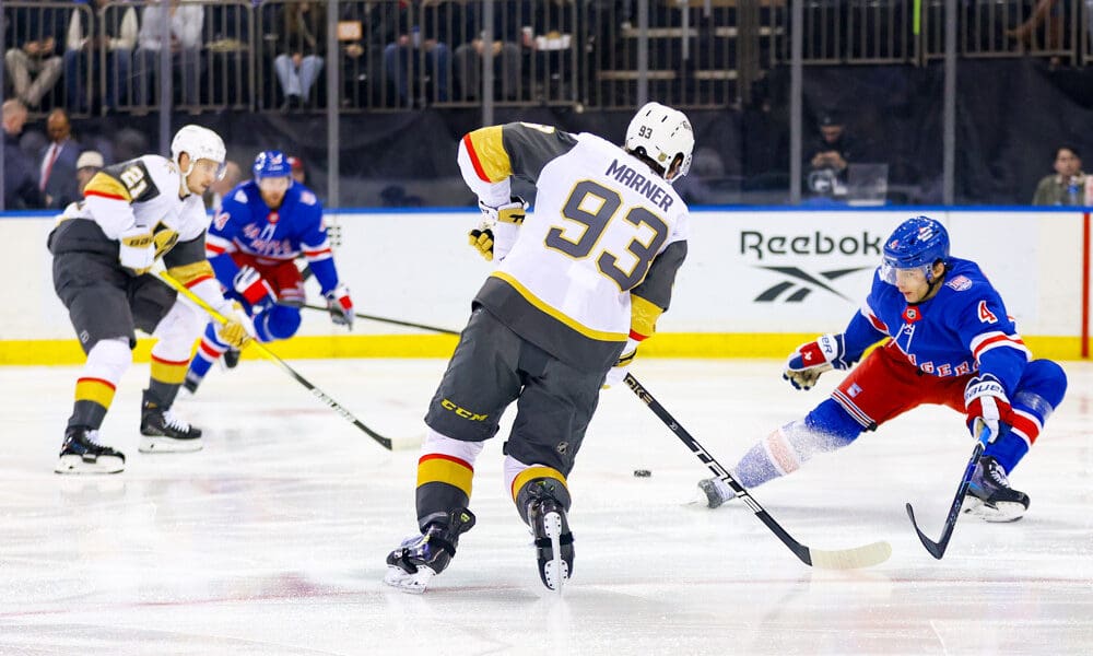 NEW YORK, NY - DECEMBER 07: Mitch Marner #93 of the Vegas Golden Knights sets up Brett Howden #21 of the Vegas Golden Knights for a goal during the first period of the National Hockey League game between the Vegas Golden Knights and the New York Rangers on December 7, 2025 at Madison Square Garden in New York, NY. (Photo by Joshua Sarner/Icon Sportswire)