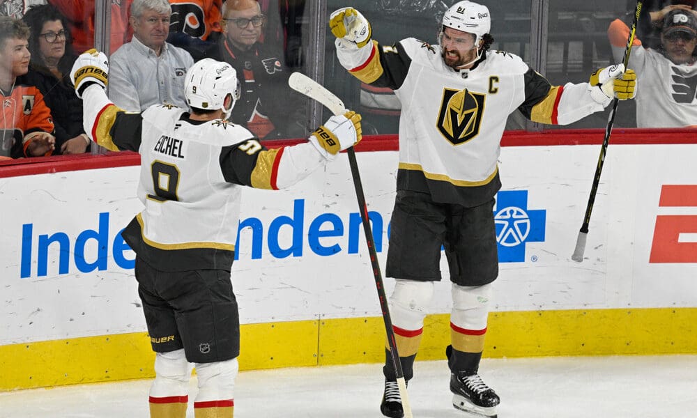 PHILADELPHIA , PA - DECEMBER 11: Vegas Golden Knights center Jack Eichel #9 and Vegas Golden Knights right wing Mark Stone #61 celebrate the overtime goal during the game between the Vegas Golden Knights and the Philadelphia Flyers on December 11th, 2025 at the Xfinity Mobile Center in Philadelphia, PA. (Photo by Terence Lewis/Icon Sportswire)